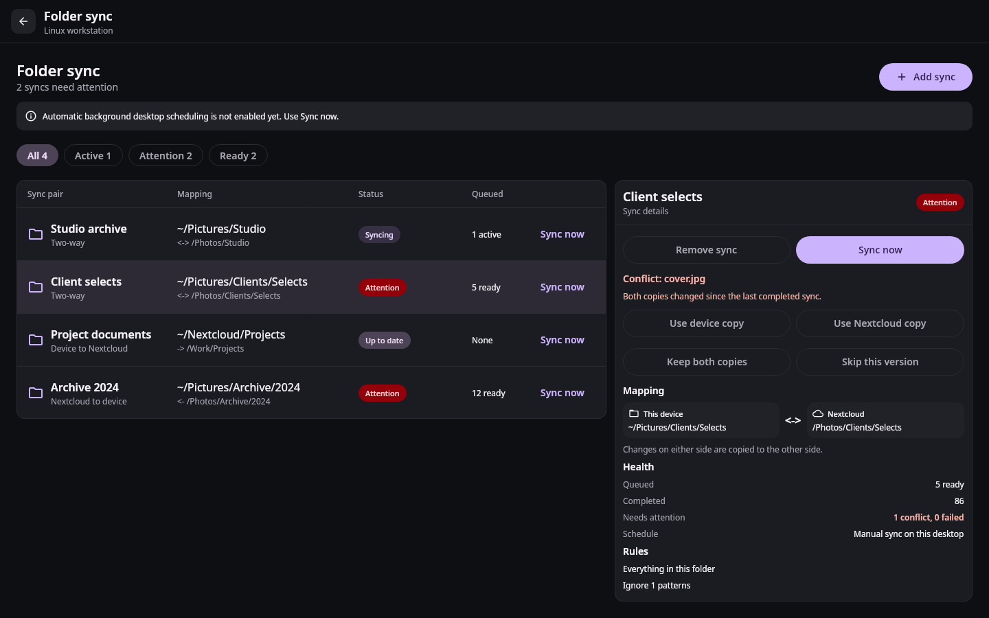 File sync Folder sync center: Priority queue, conflict, and failure