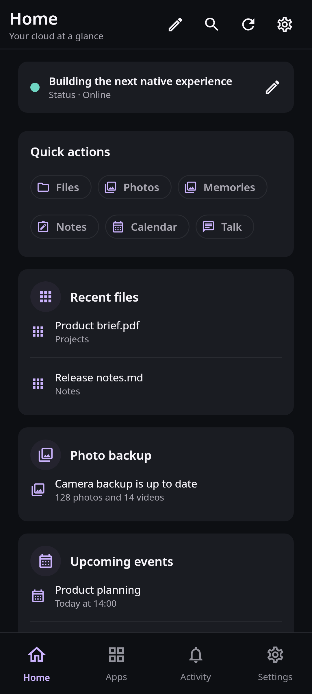 Nextcloud Native mobile home rendered by the real Compose application with synthetic data